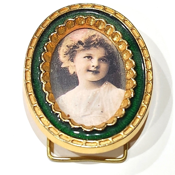Vintage Miniature Photo Frame Gold Green Enamelware Metal 2x1.5" - Picture 1 of 3